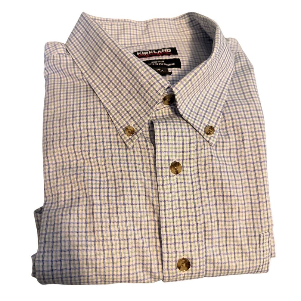 Kirkland Signature Men's XXL Blue Green Plaid Short Sleeve Button Down Shirt
